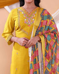 Elegant Women's Kurta Set with Floral Embroidery and Printed Dupatta - Yellow-Close