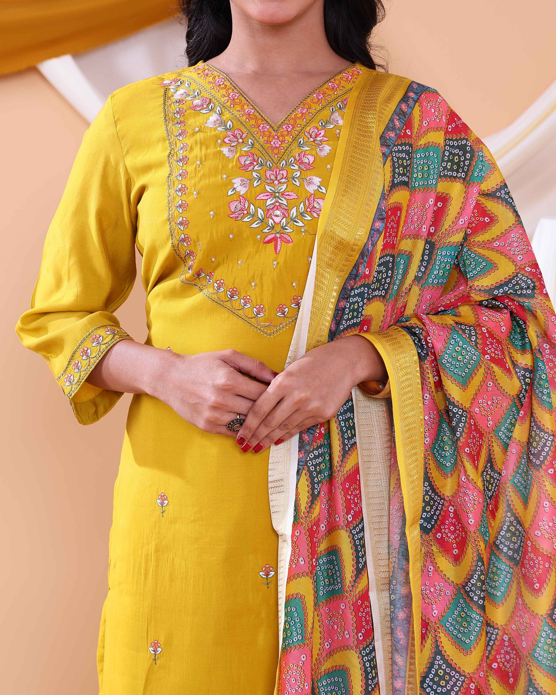 Elegant Women's Kurta Set with Floral Embroidery and Printed Dupatta - Yellow-Close