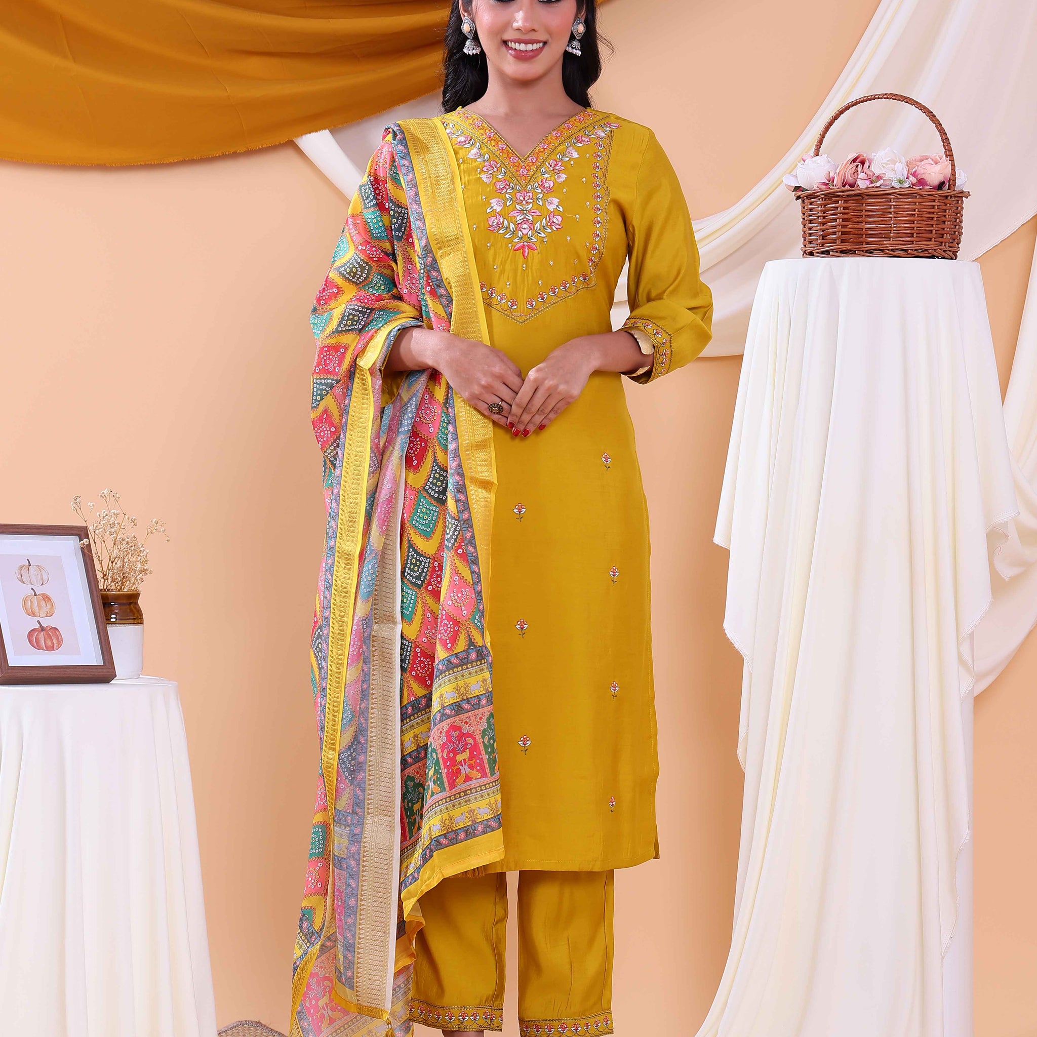 Elegant Women's Kurta Set with Floral Embroidery and Printed Dupatta - Yellow