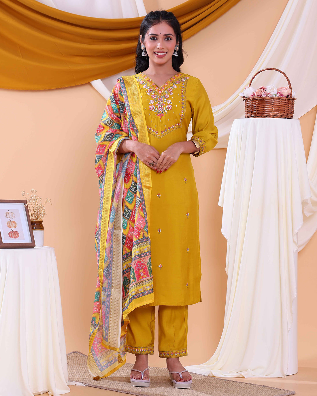 Elegant Women's Kurta Set with Floral Embroidery and Printed Dupatta - Yellow