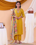 Elegant Women's Kurta Set with Floral Embroidery and Printed Dupatta - Yellow