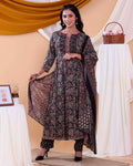 Elegant Women's Printed Readymade Salwar Set with Stylish Kurta and Matching Dupatta - Black