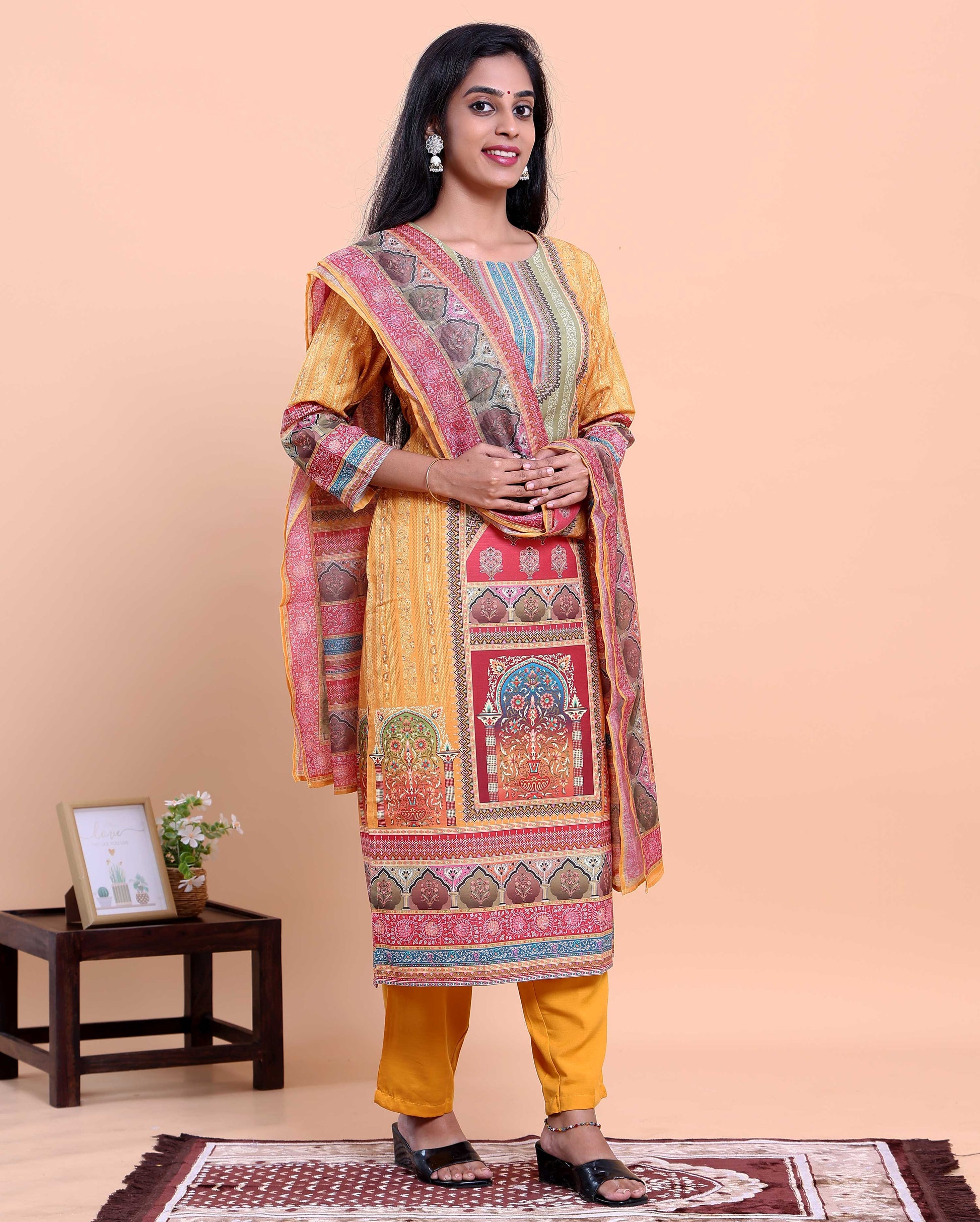 Elegant Women's Printed Straight Salwar Suit Set with Dupatta - Yellow