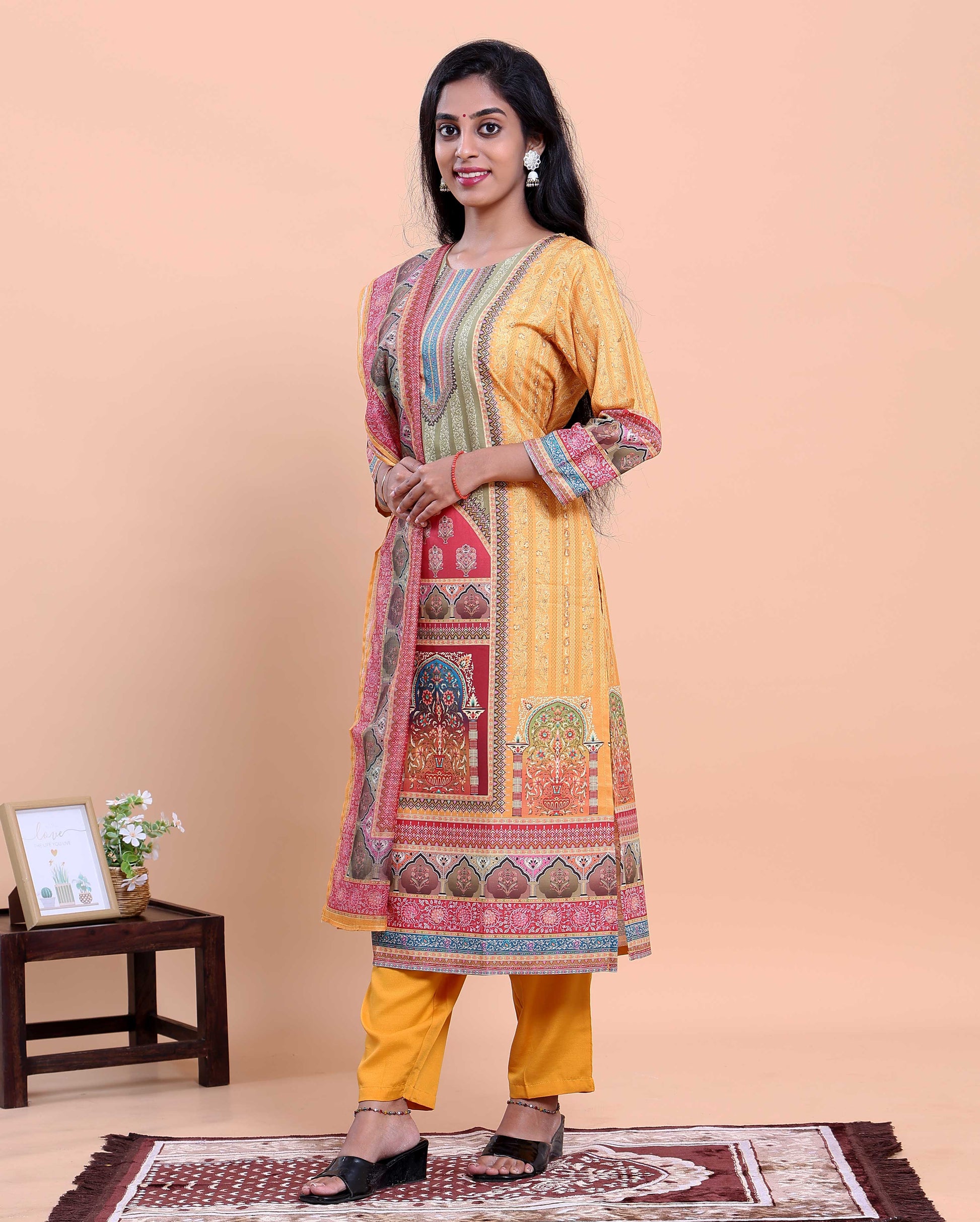 Elegant Women's Printed Straight Salwar Suit Set with Dupatta - Yellow
