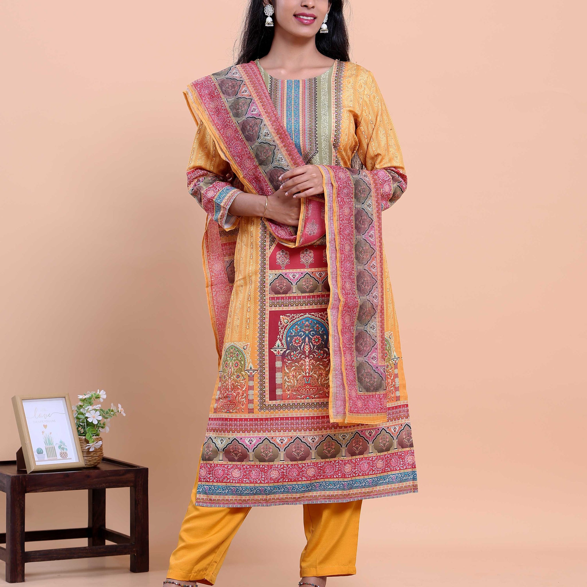 Elegant Women's Printed Straight Salwar Suit Set with Dupatta - Yellow