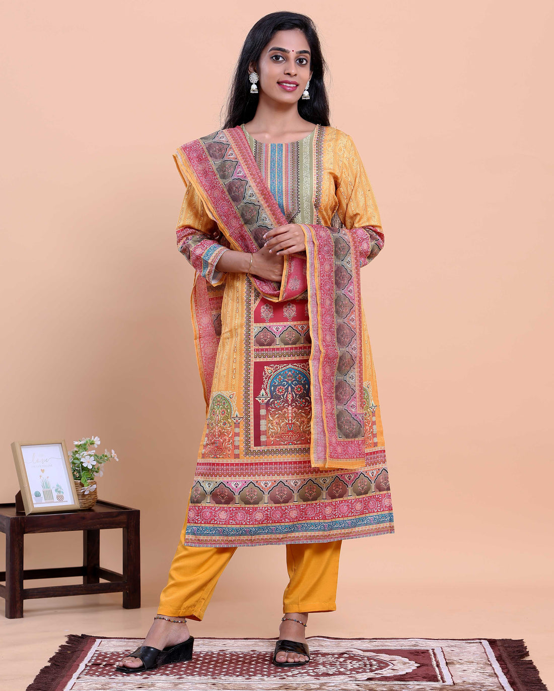 Elegant Women's Printed Straight Salwar Suit Set with Dupatta - Yellow
