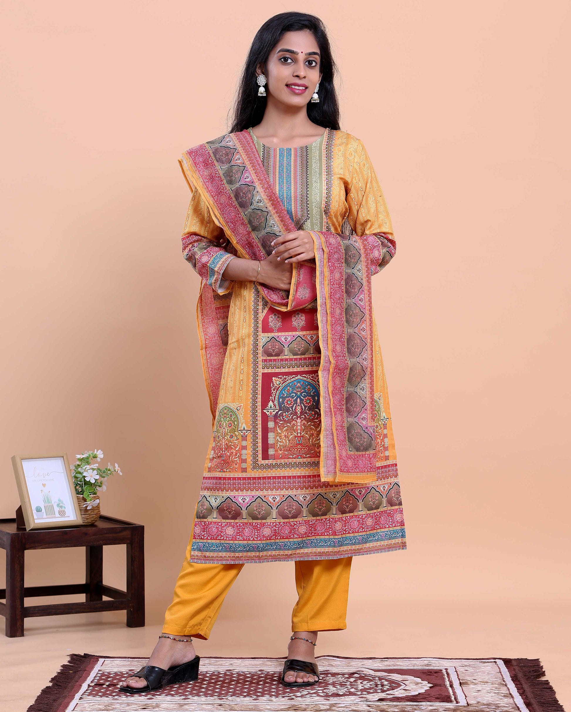 Elegant Women's Printed Straight Salwar Suit Set with Dupatta - Yellow