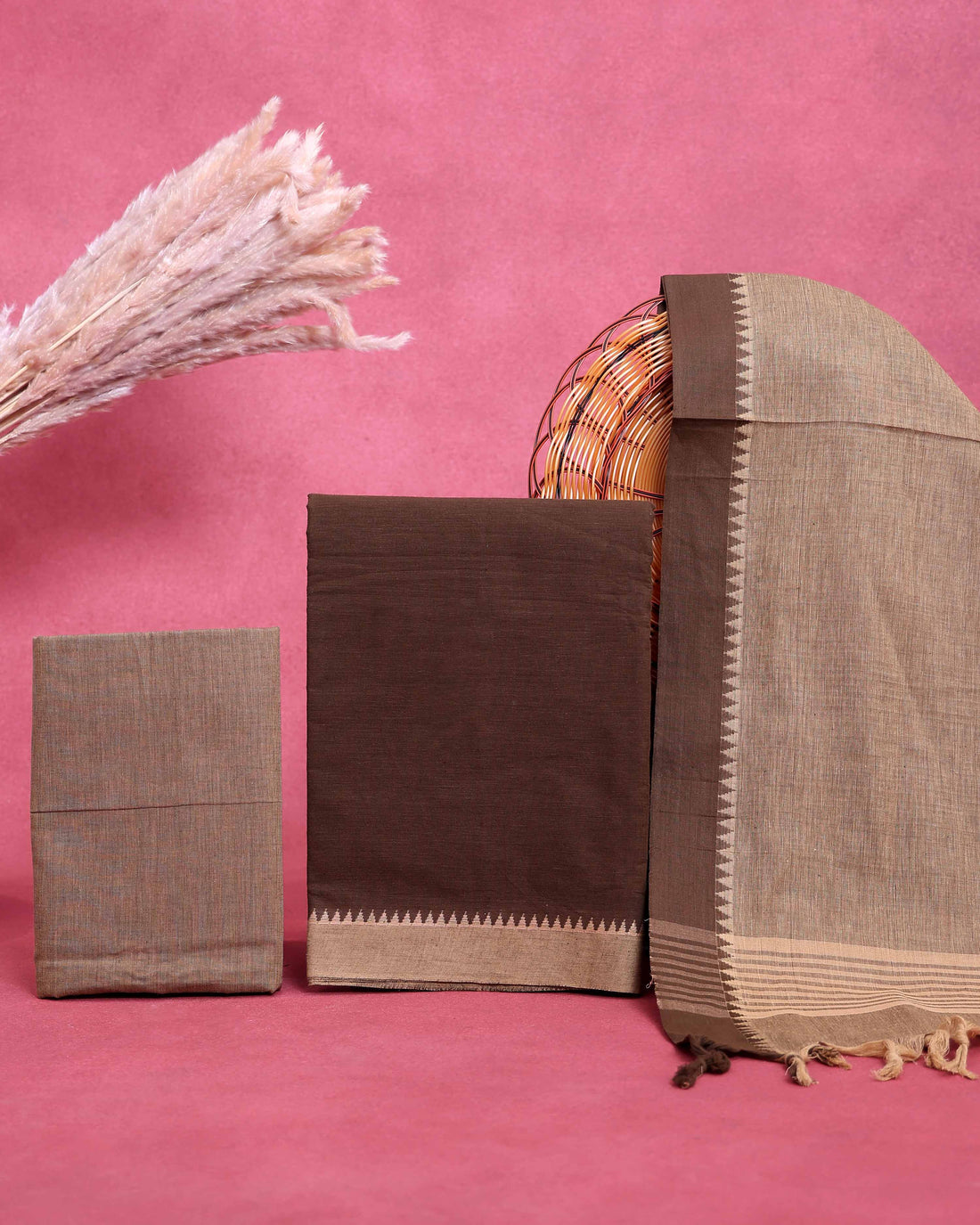 Elegant Women’s Salwar Suit Material Set Top 2.5 Mtr, Pant 2 Mtr & Dupatta 2.25 Mtr with Woven Border - Brown