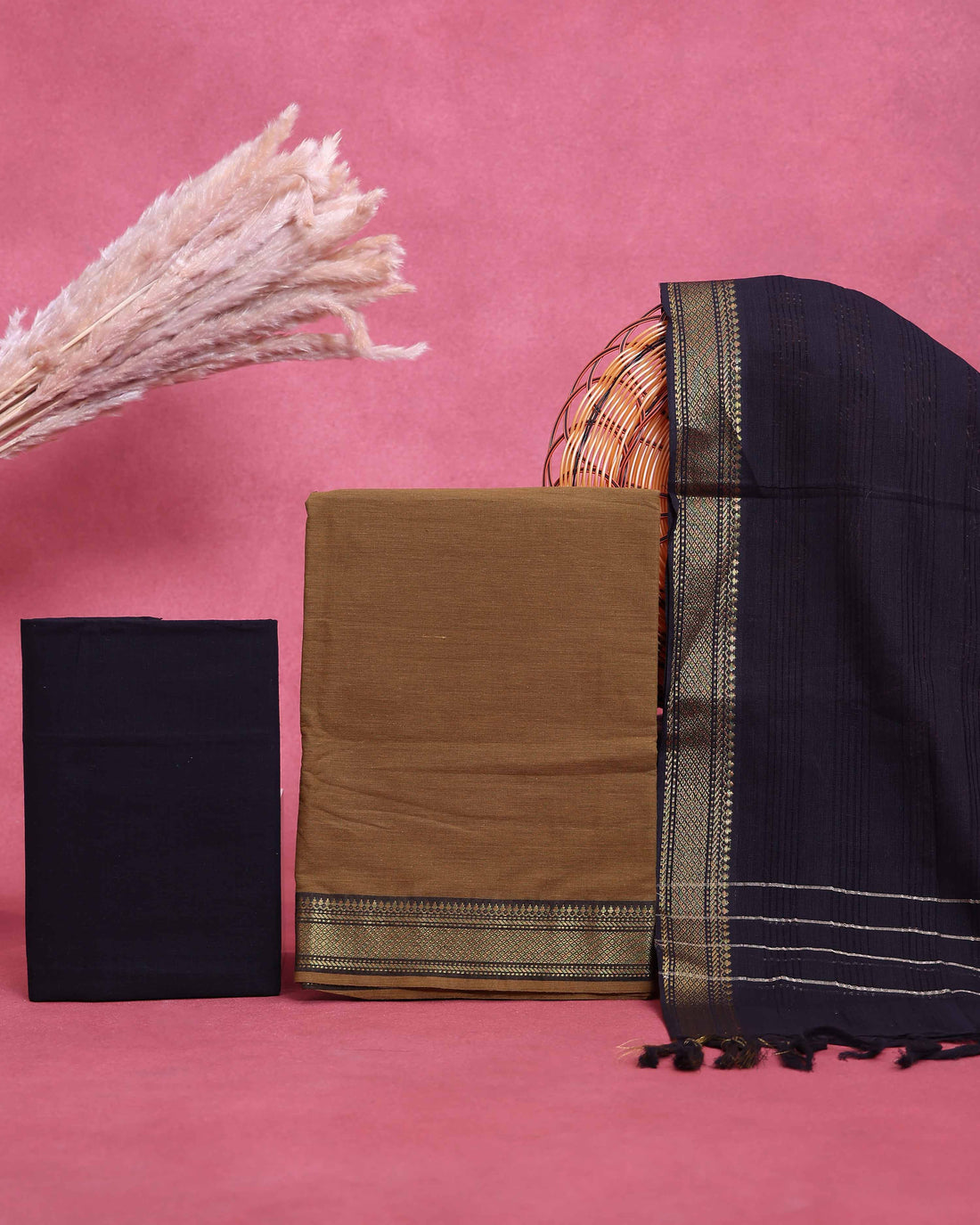 Elegant Women’s Salwar Suit Material Set Top 2.5 Mtr, Pant 2 Mtr & Dupatta 2.25 Mtr with Woven Border - Light Brown