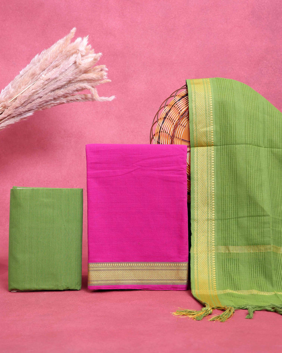 Elegant Women’s Salwar Suit Material Set Top 2.5 Mtr, Pant 2 Mtr & Dupatta 2.25 Mtr with Woven Border - Pink