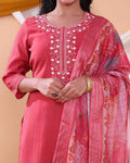 Elegant Women's Straight Kurta with Pants and Jacquard Printed Dupatta - Red-CLOSE