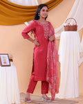 Elegant Women's Straight Kurta with Pants and Jacquard Printed Dupatta - Red-SIDE