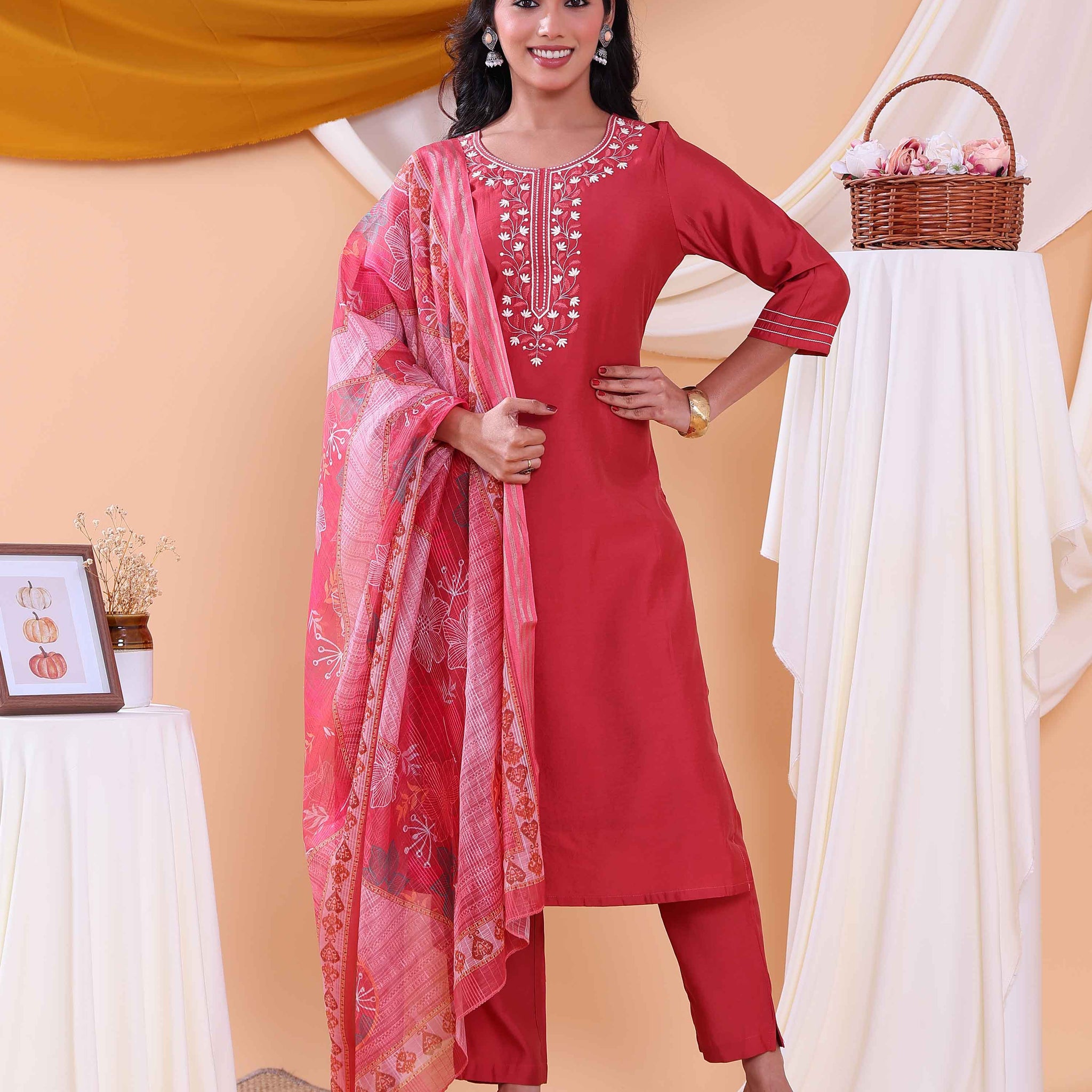 Elegant Women's Straight Kurta with Pants and Jacquard Printed Dupatta - Red