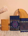 Elegant Women’s Unstitched Salwar Suit Material Set with Traditional Woven Floral Motif Top2.5 Mtr, Solid Bottom 2 Mtr and Dupatta 2.25 mtr with Contrast Border - Navy Blue