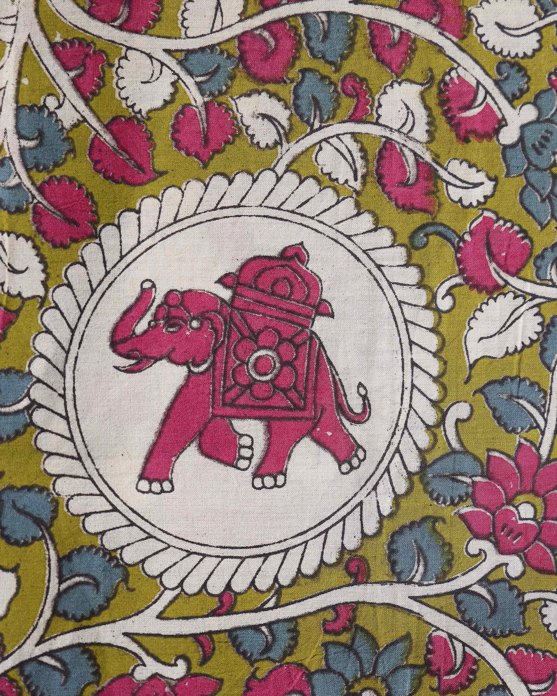 Traditional Elephant Motif Floral Printed Cotton 1 Meter Blouse Material for Women - Green