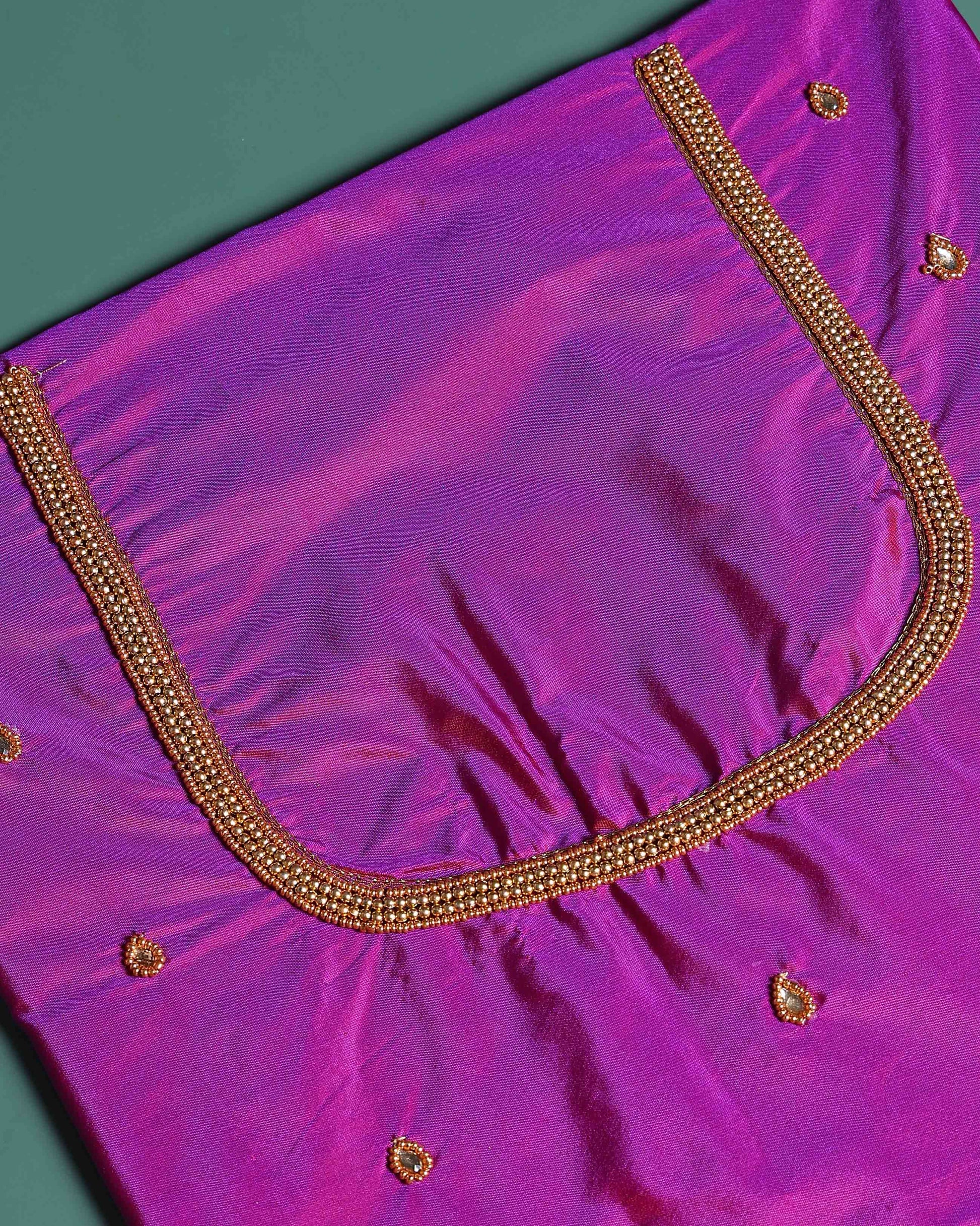 Traditional Hand-Embroidered Blouse Material with Aari Work - Purple