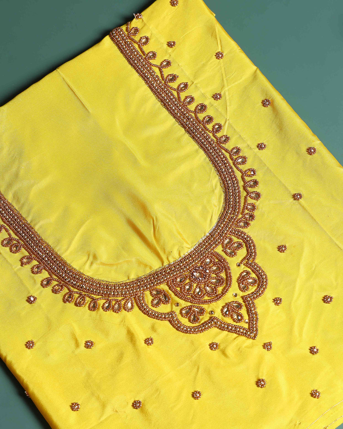 Traditional Embroidered Designer Blouse Material with Intricate Bead and Thread Work - Yellow