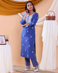 Women’s Embroidered Kurta Set with Elegant Stitch Detailing  - Blue