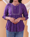 Women's Embroidered Round Neck Short Kurta Tunic with Gathered Waist - Purple