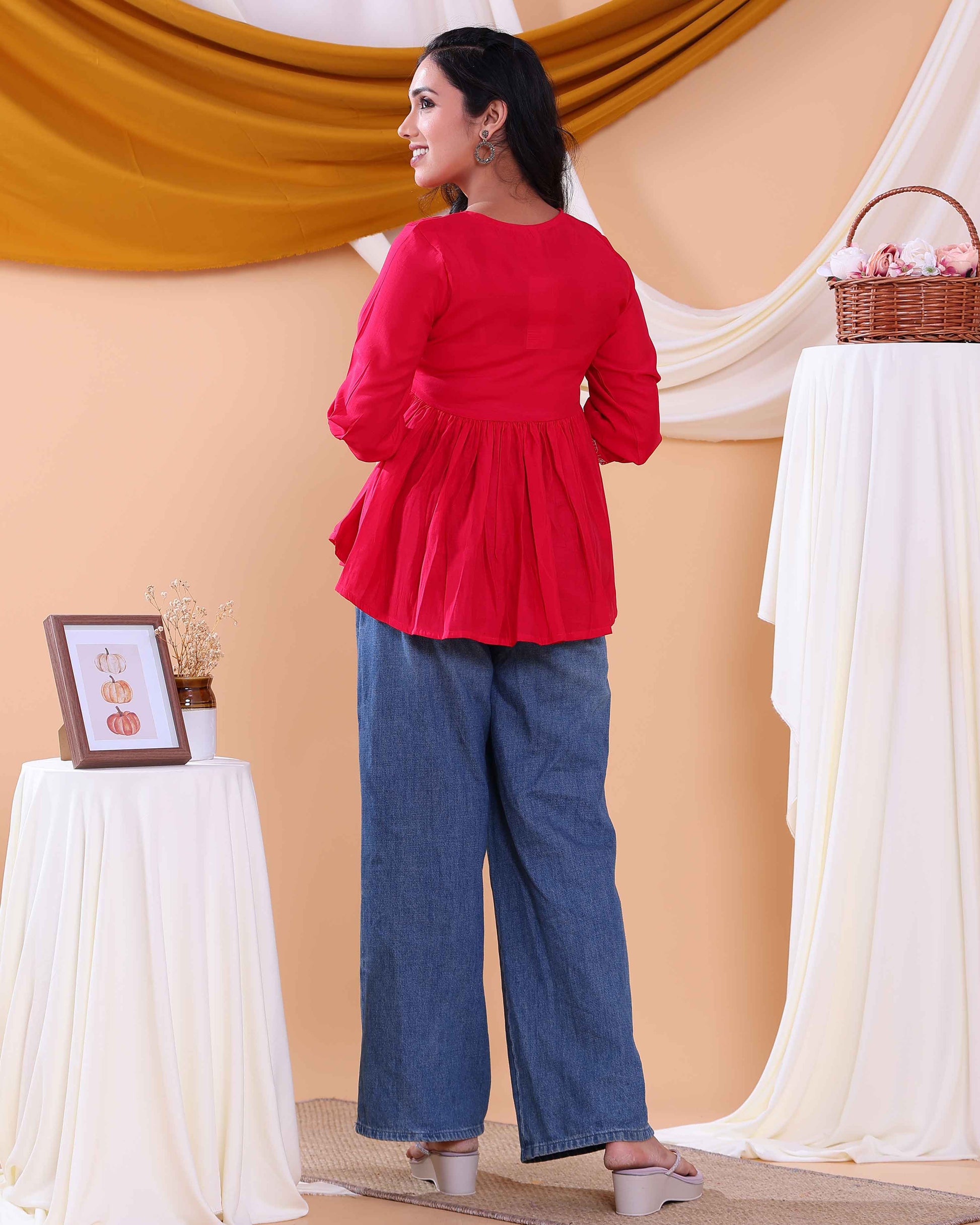 Women's Embroidered Round Neck Short Kurta Tunic with Gathered Waist - Red-Close