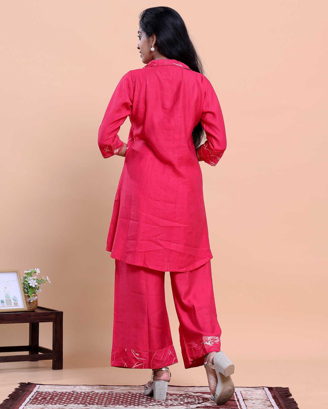 Women’s Embroidered Shirt-Collar Kurta with Wide-Leg Pants - Dark Pink