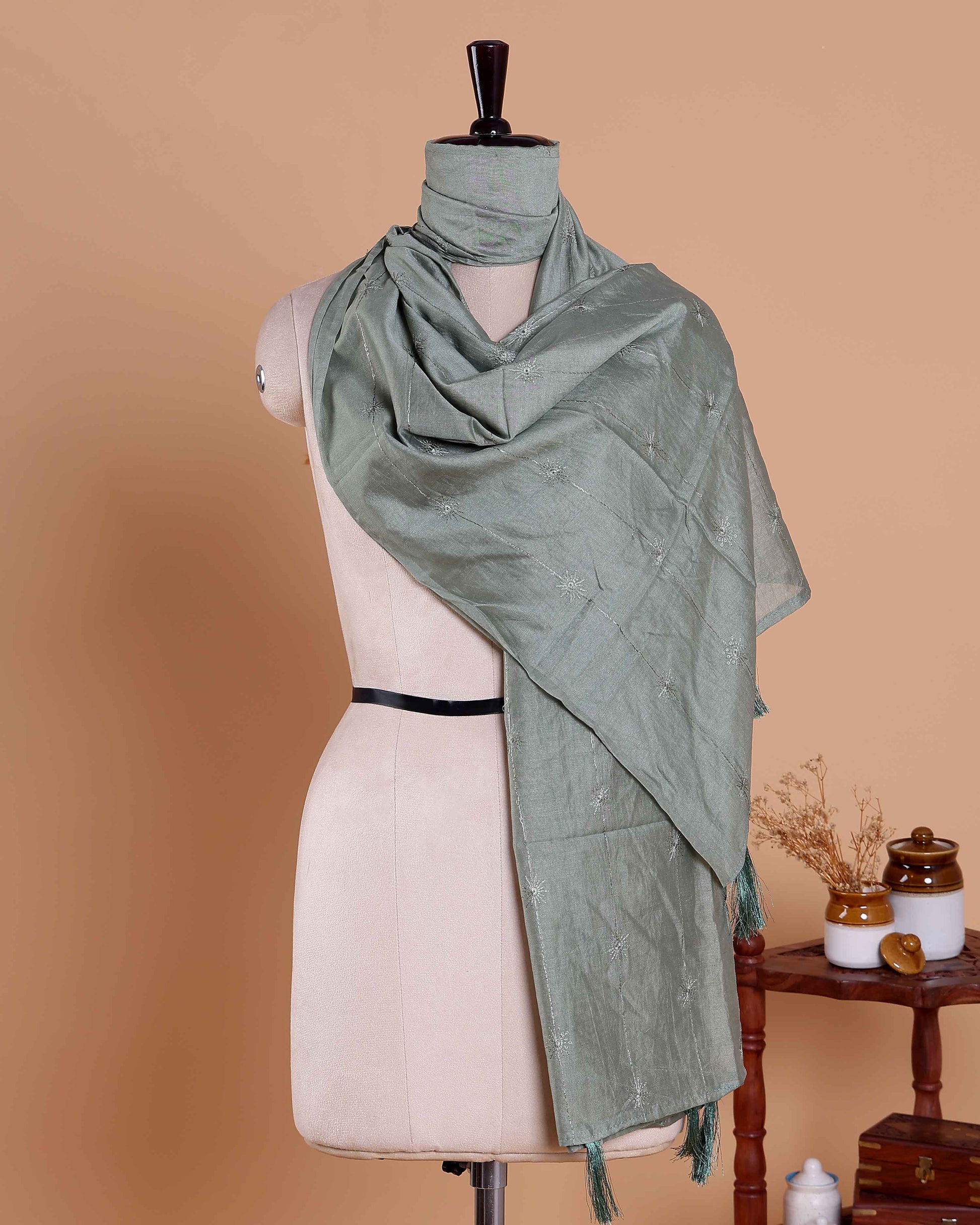 Embroidered Women’s Dupatta with Delicate Vertical Motif Pattern - Light Grey