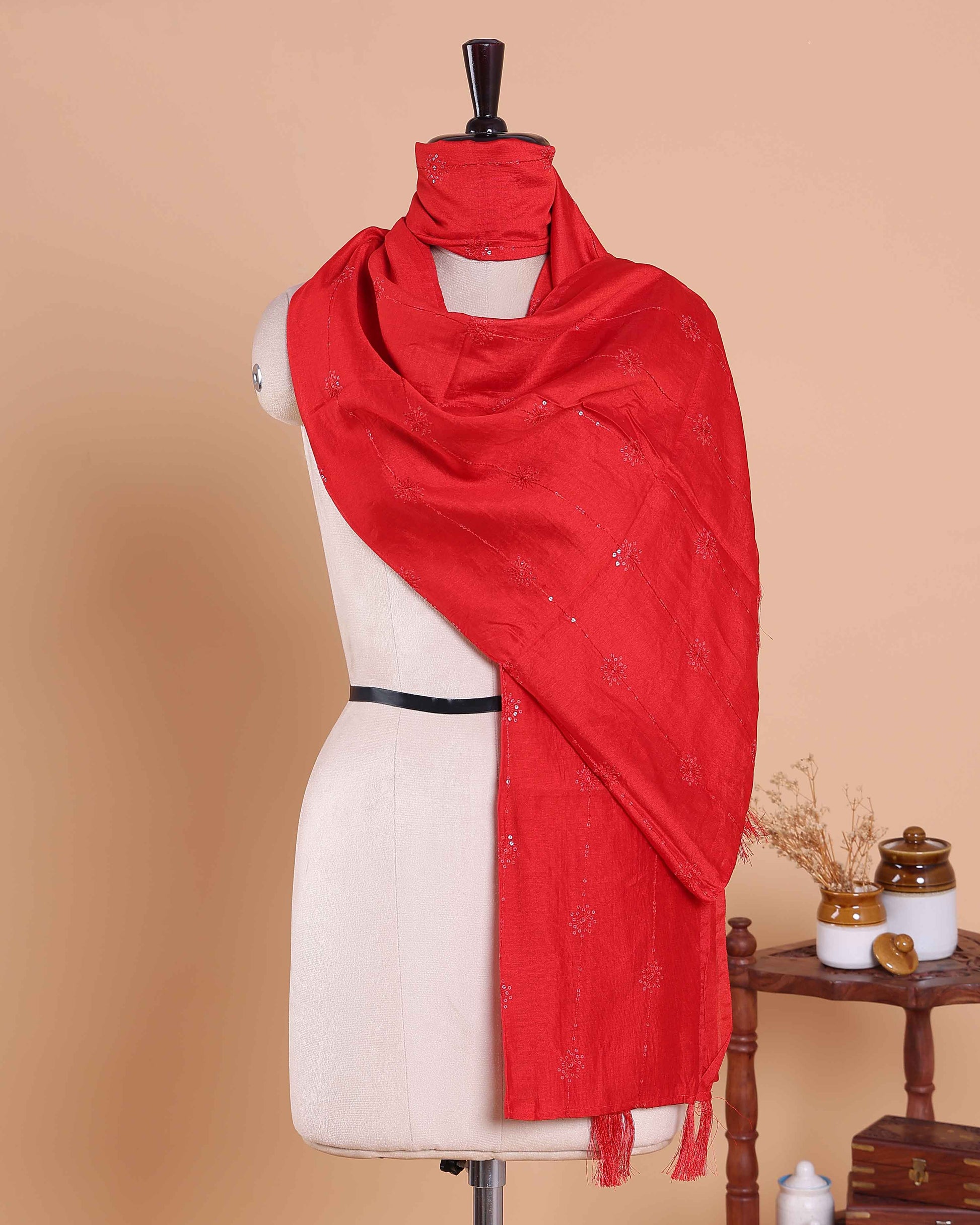 Embroidered Women’s Dupatta with Delicate Vertical Motif Pattern - Red