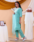 Elegant Floral Embroidered Women's Readymade Salwar Set with Designer Detailing - Aqua Blue
