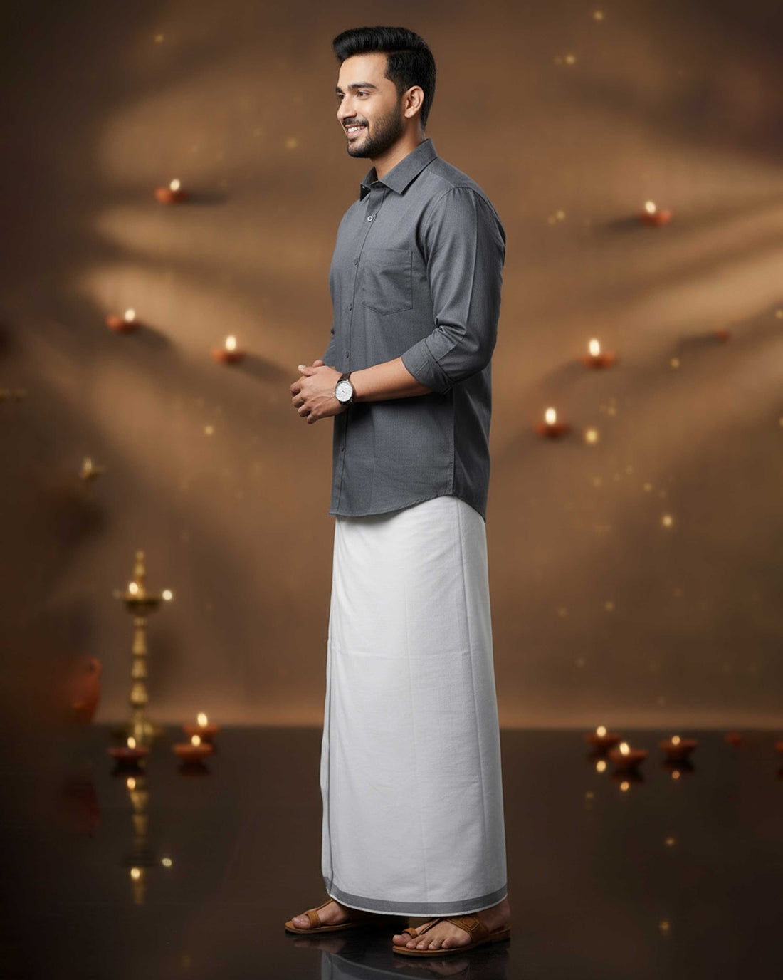 Elegant Men's Ethnic Full Sleeve Shirt & Dhoti Set with Traditional Border - Grey