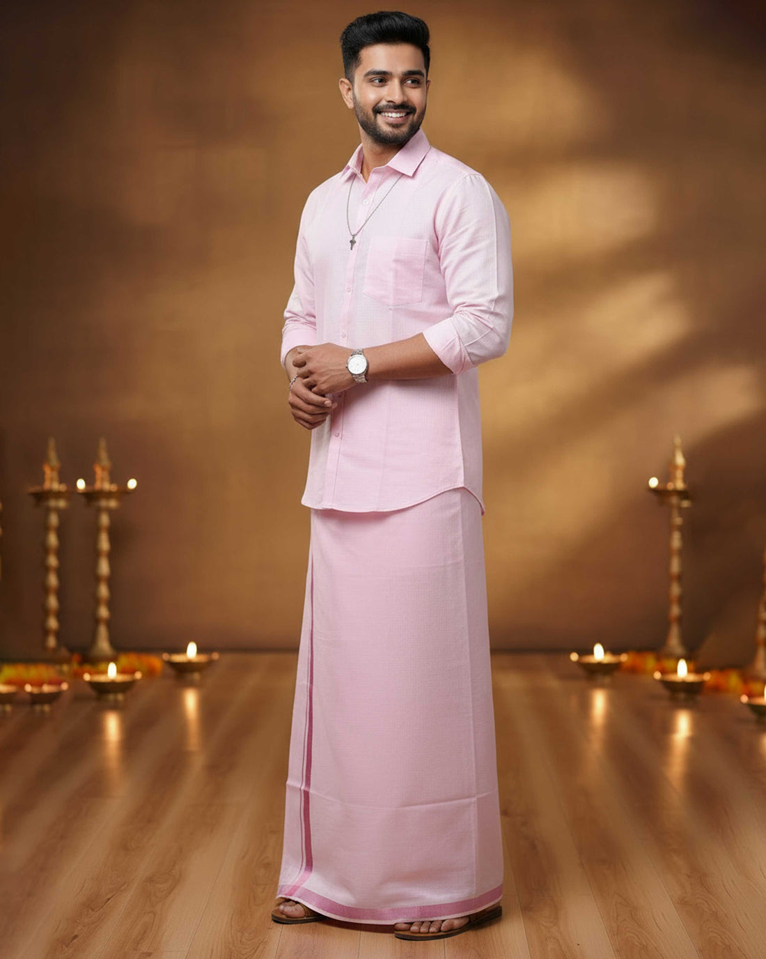Elegant Men's Ethnic Full Sleeve Shirt & Dhoti Set with Traditional Border - Rose Pink