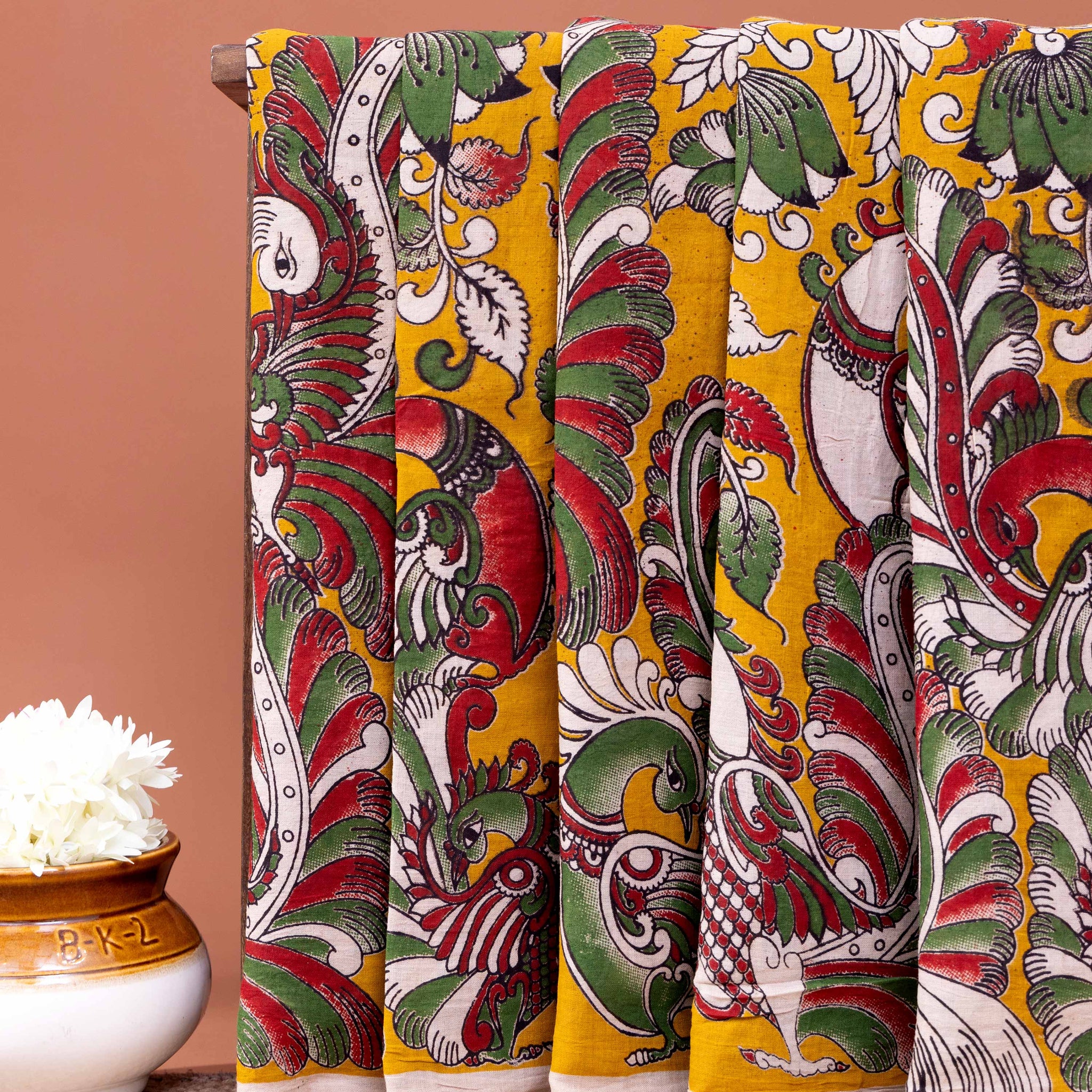Exquisite Handloom Cotton Saree with Authentic Kalamkari Art and Peacock Pattern - Orange