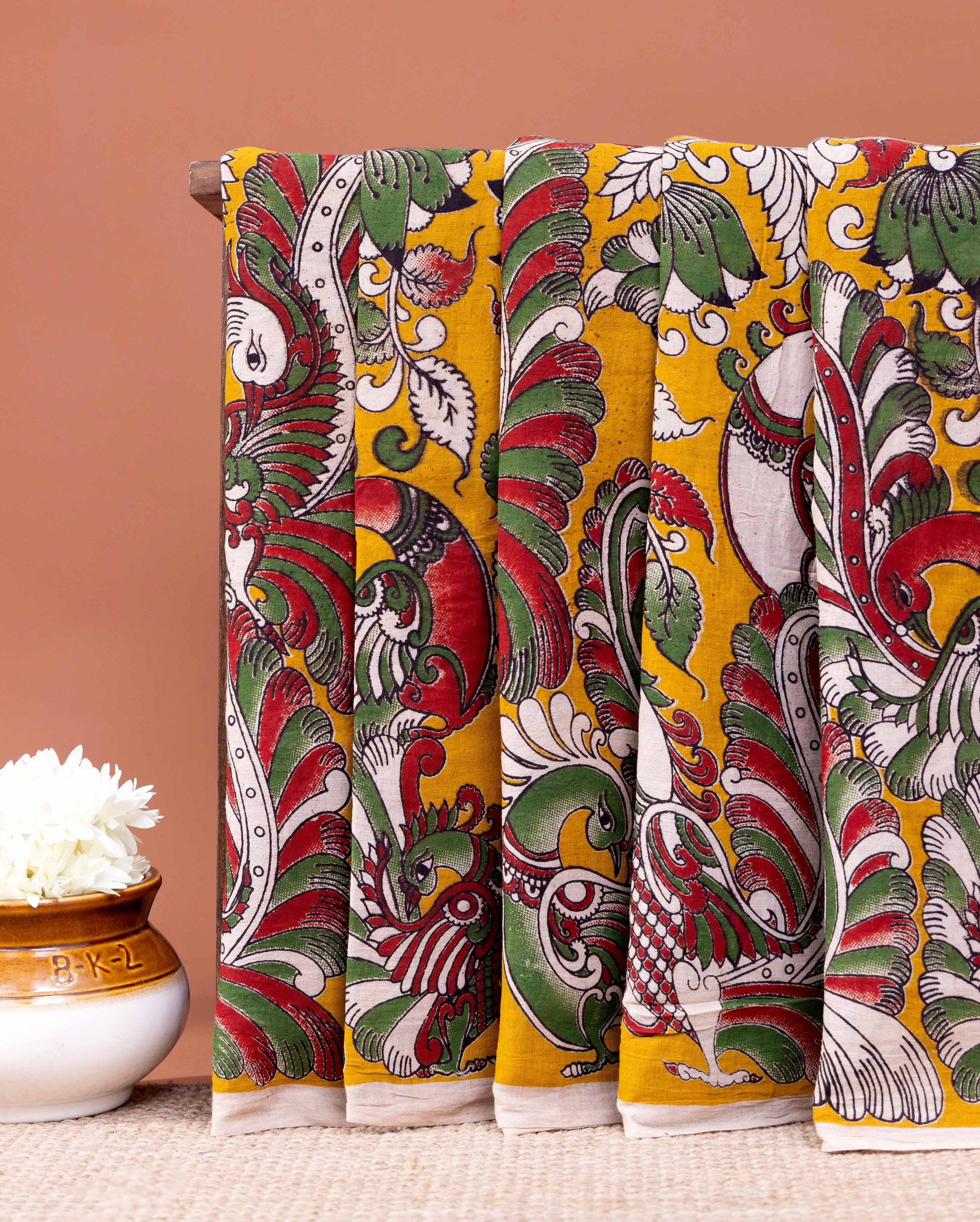 Exquisite Handloom Cotton Saree with Authentic Kalamkari Art and Peacock Pattern - Orange