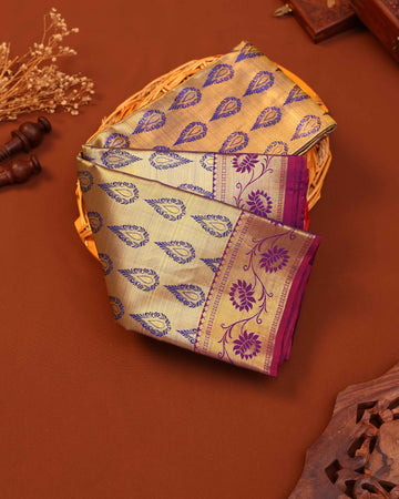 Exquisite Kanchipuram Pure Silk Saree with Intricate Zari Motifs and Contrast Border - Gold