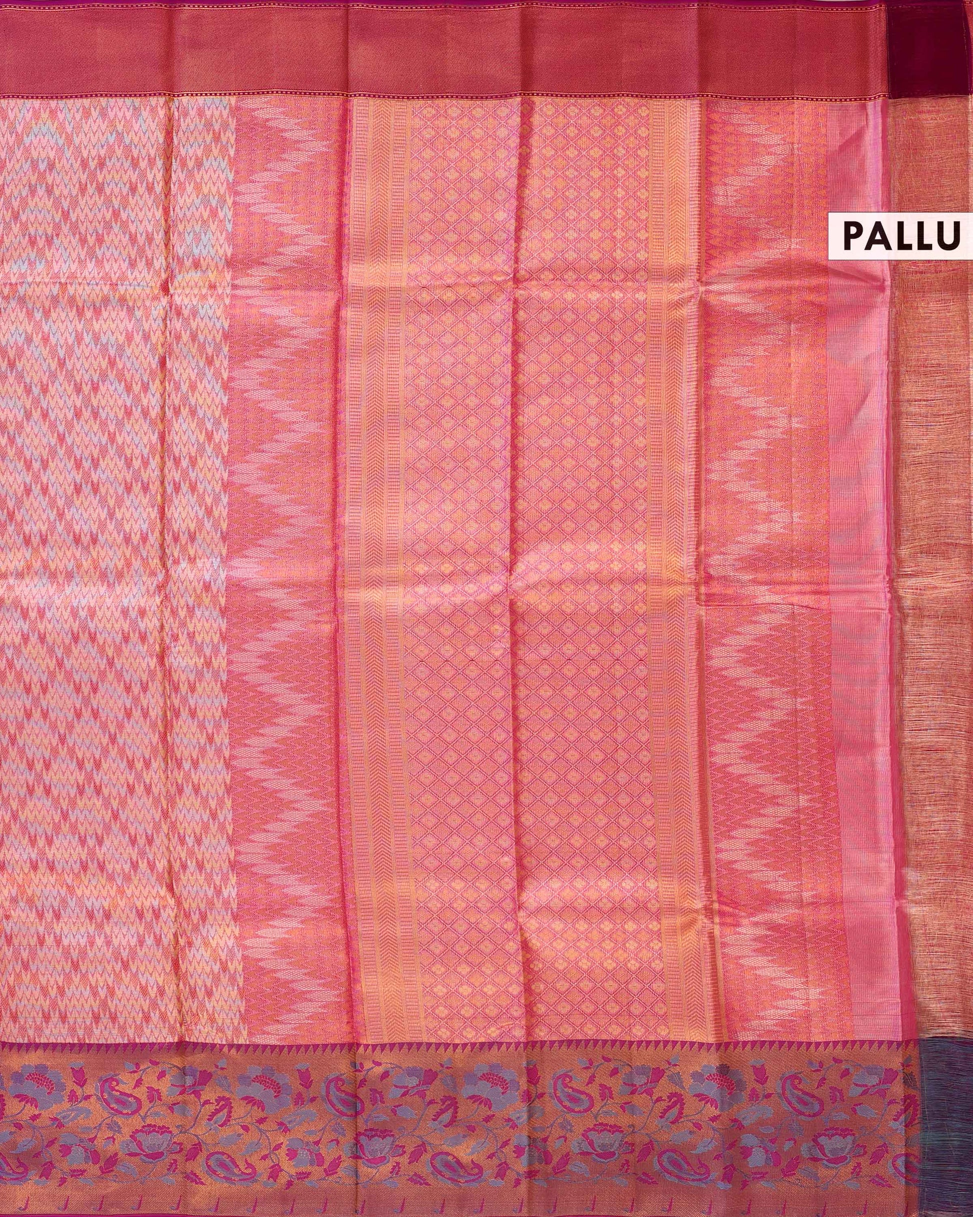 Exquisite Kanchipuram Tissue Saree with Intricate Weave & Floral Zari Border - Pink-Pallu