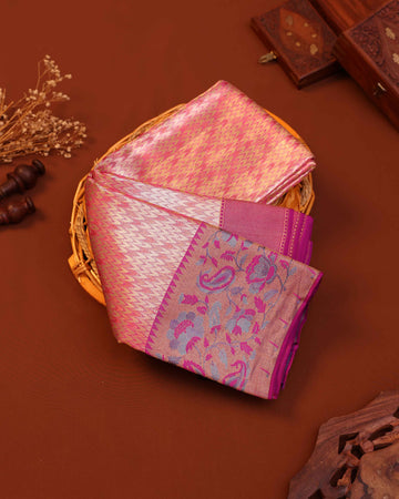Exquisite Kanchipuram Tissue Saree with Intricate Weave & Floral Zari Border - Pink