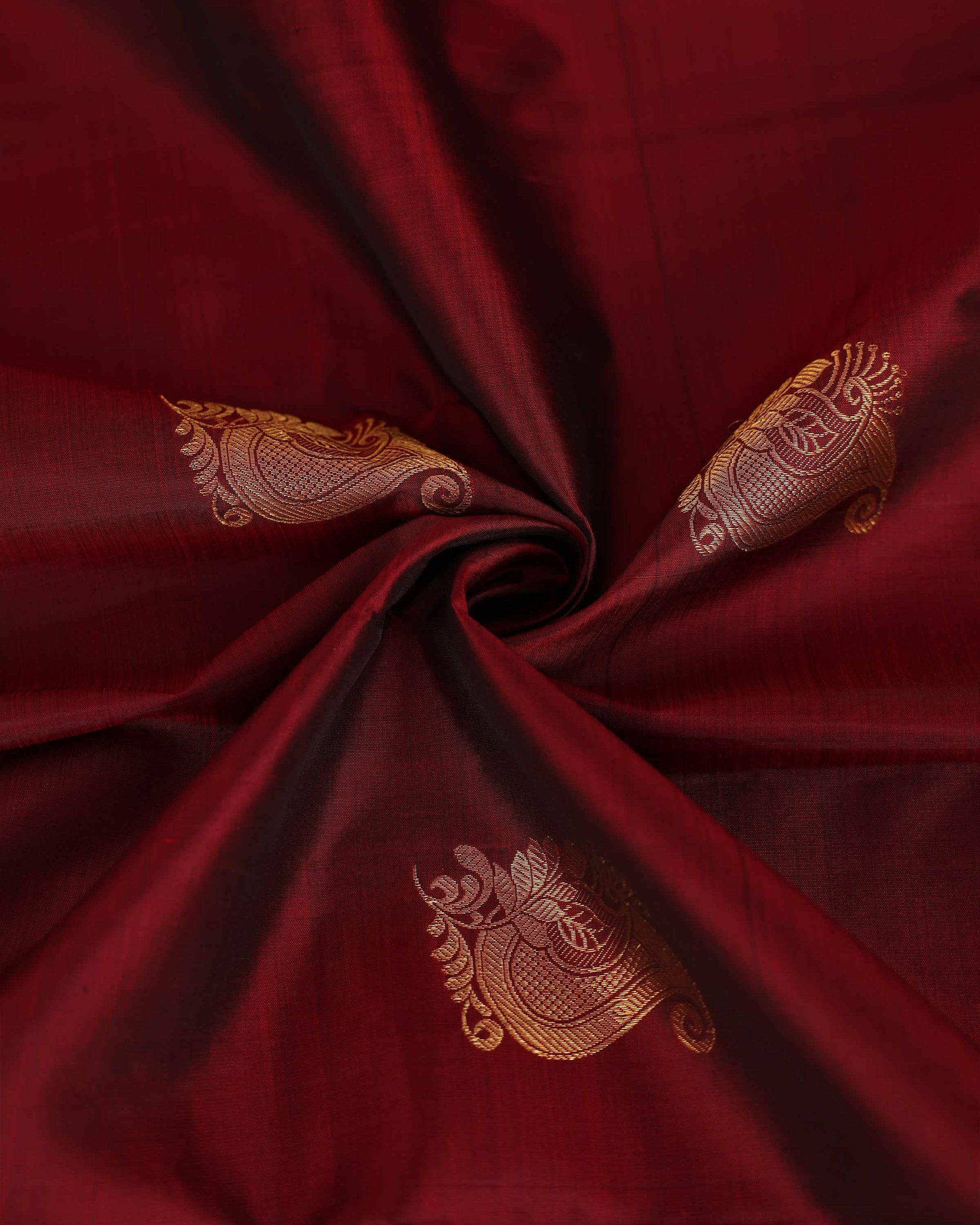 Exquisite Niranjana Silk Saree with Intricate Zari Weave and Peacock Motif - Maroon-Close Up