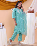 Elegant Floral Embroidered Women's Readymade Salwar Set with Designer Detailing - Aqua Blue