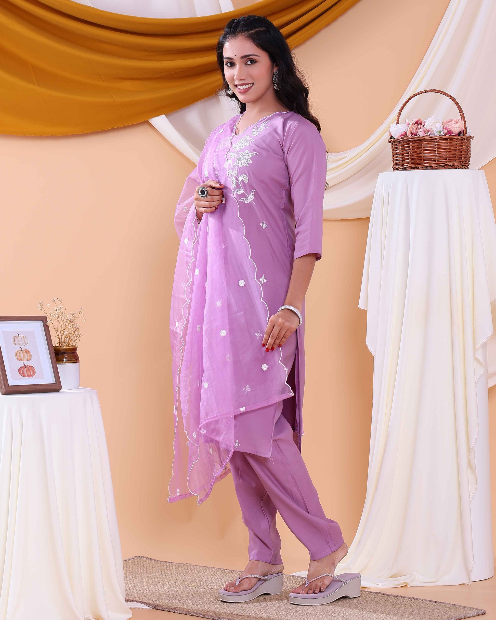 Elegant Floral Embroidered Women's Readymade Salwar Set with Designer Detailing - Lavender