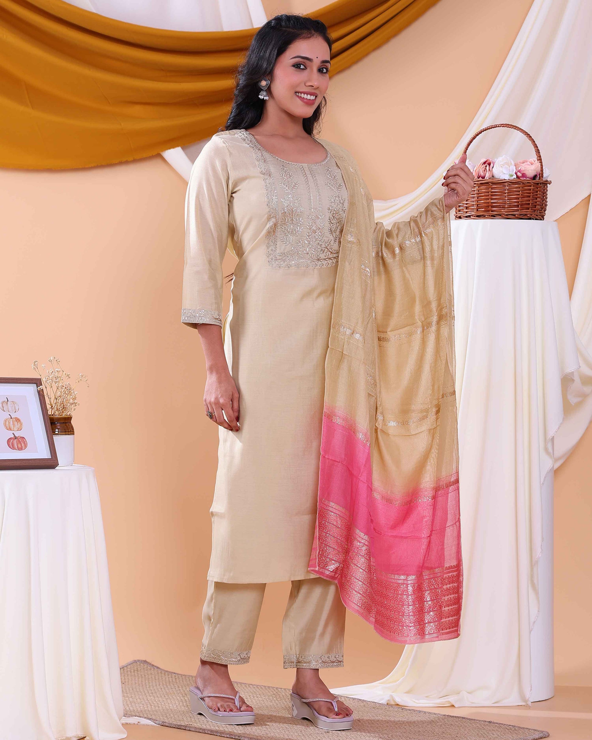 Elegant Floral Embroidered Women’s Salwar Set with Straight Kurta, Matching Bottom, and Dupatta- Sandal-Side