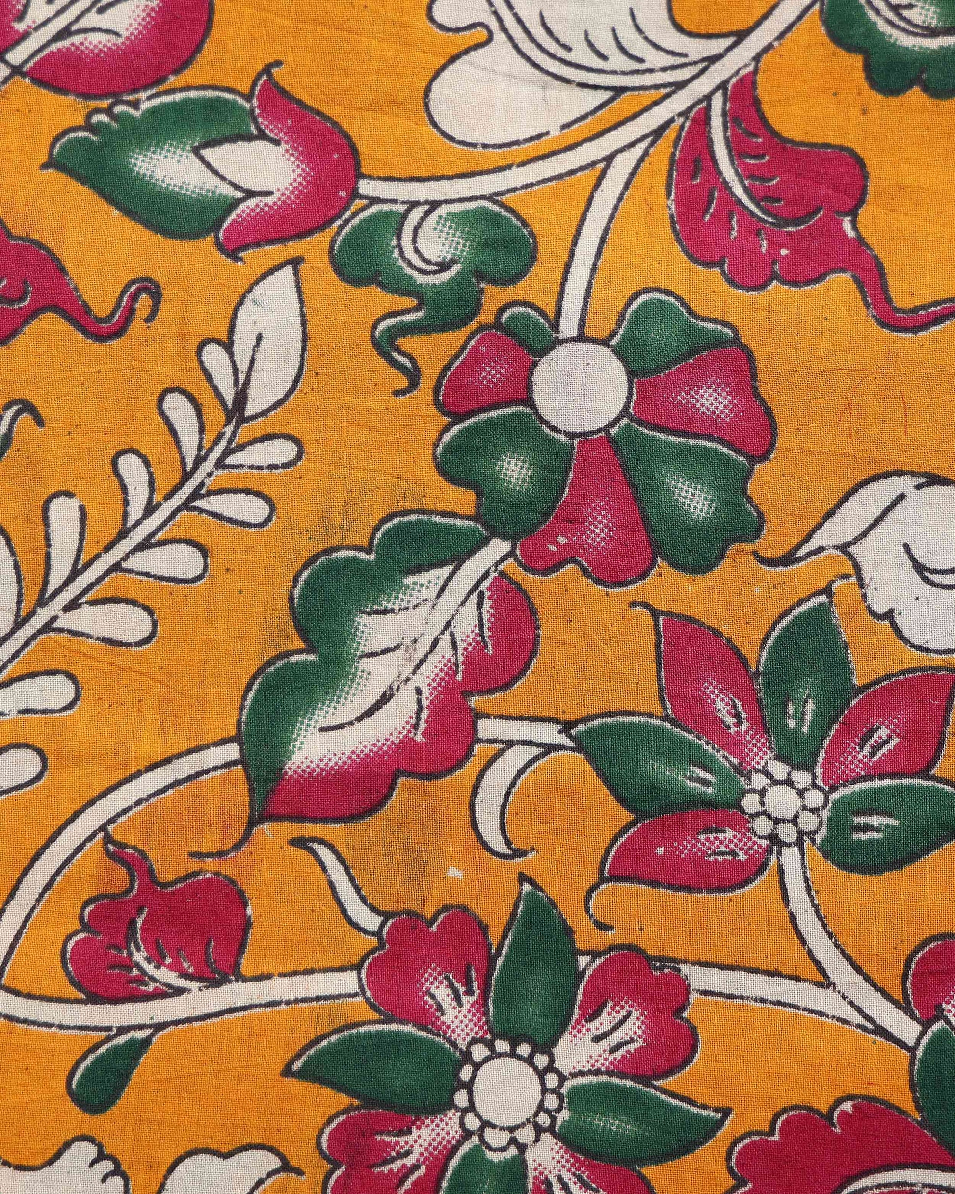 Traditional Floral Kalamkari Printed Cotton 1 Meter Blouse Material for Women - Yellow