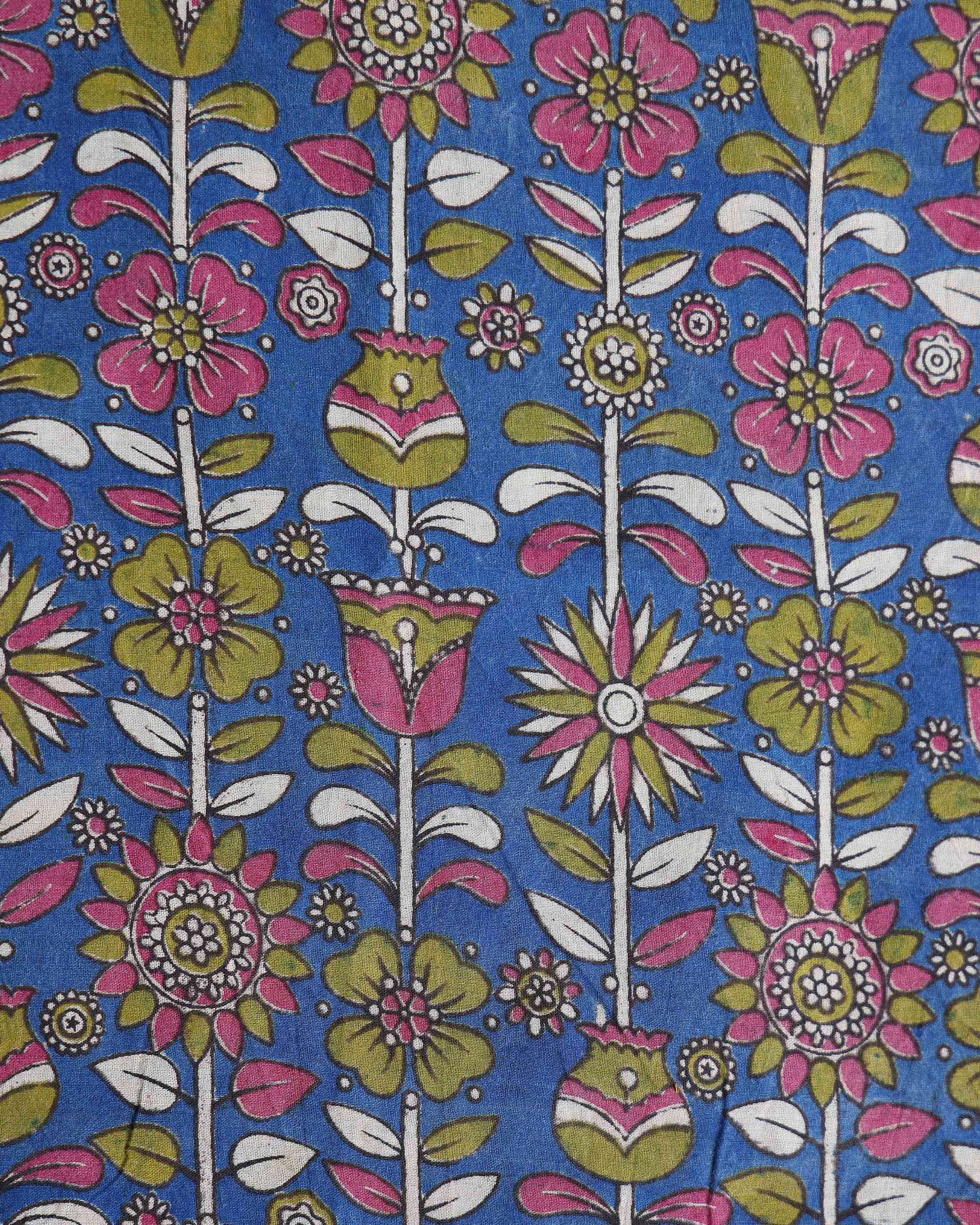 Elegant Floral Printed Cotton 1 Meter Blouse Material with Traditional Botanical Motifs - Blue