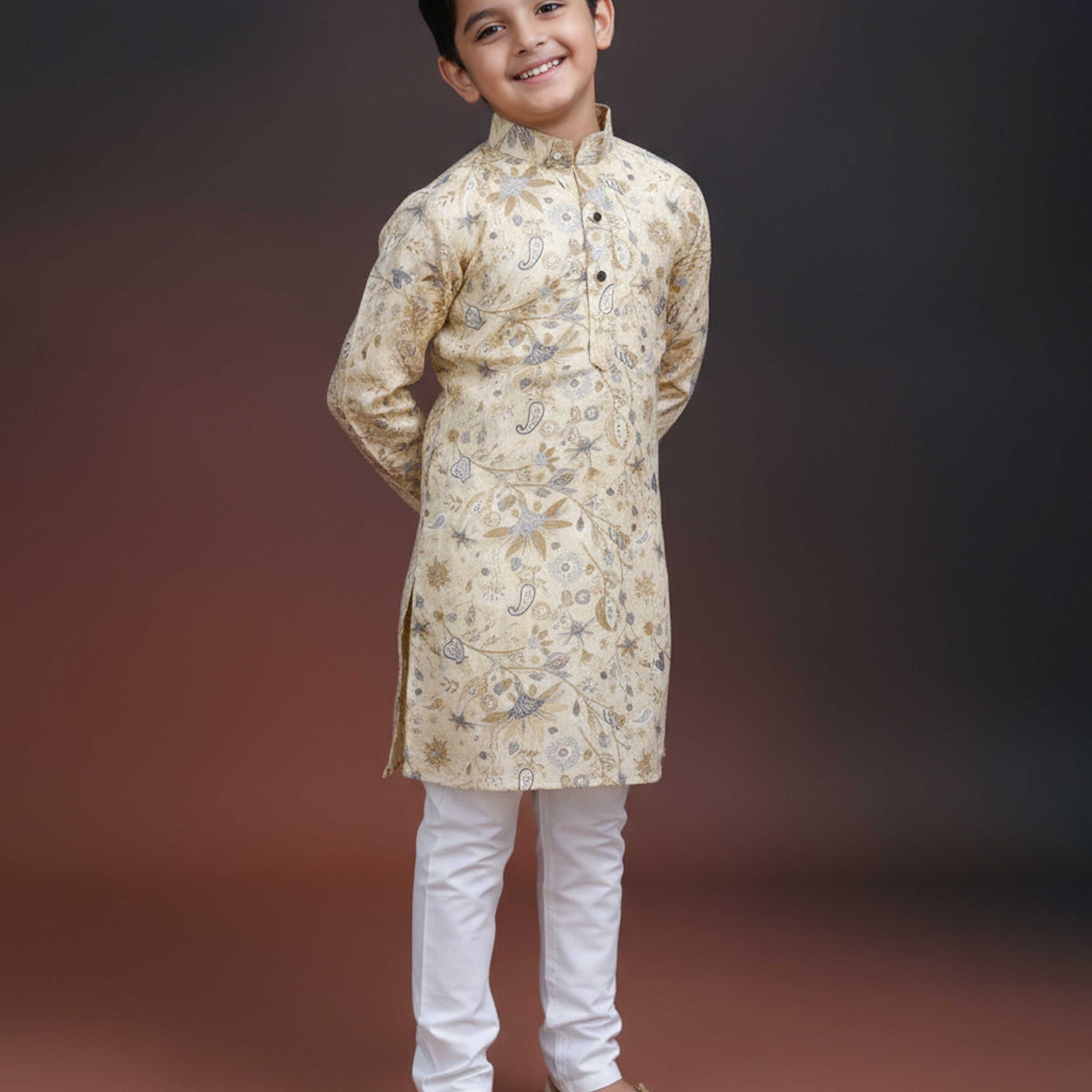 Boys Floral Printed Festive Kurta Set with Mandarin Collar - Yellow