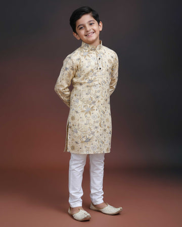 Boys Floral Printed Festive Kurta Set with Mandarin Collar - Yellow