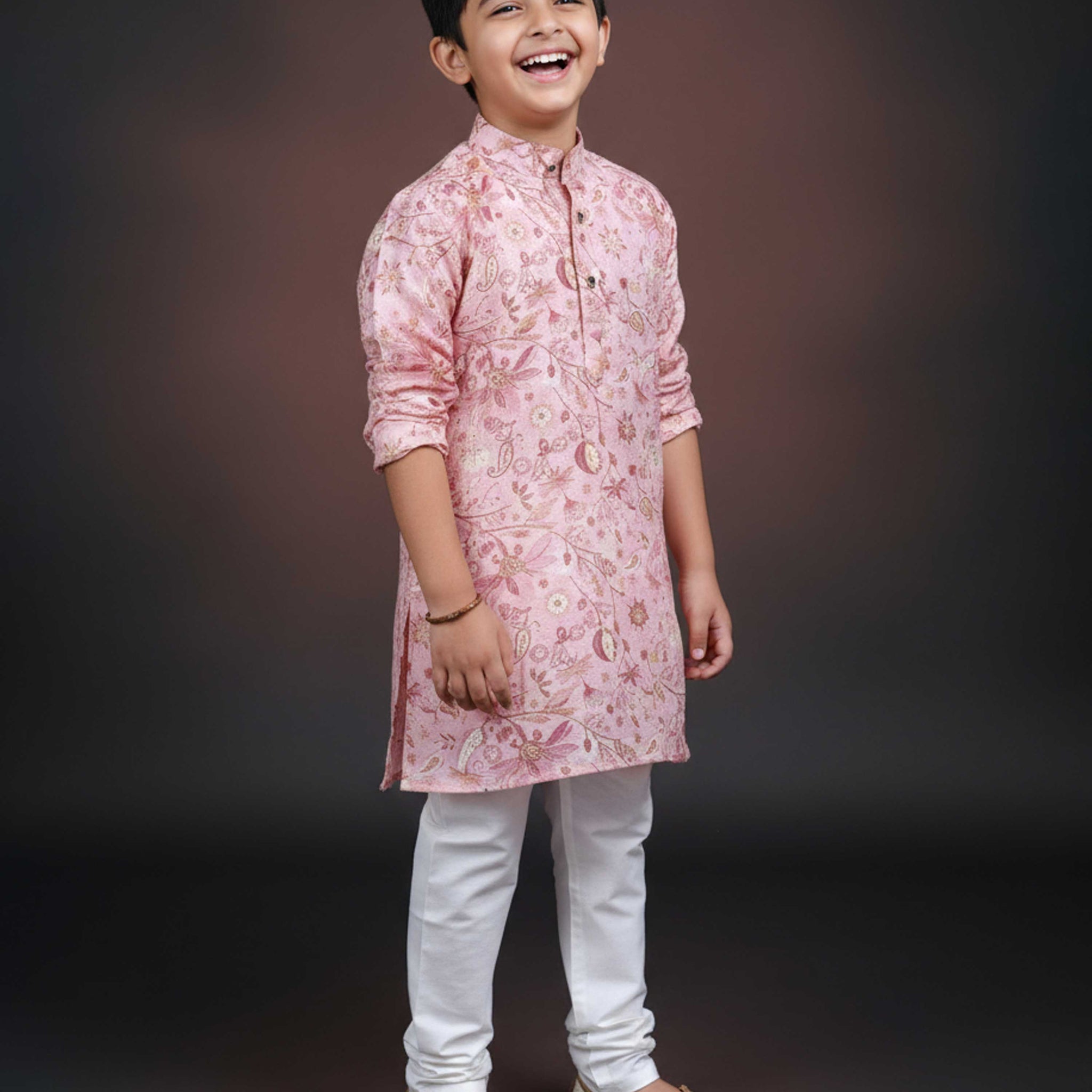 Boys Floral Printed Festive Kurta Set with Mandarin Collar -Pink