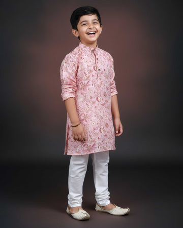 Boys Floral Printed Festive Kurta Set with Mandarin Collar -Pink