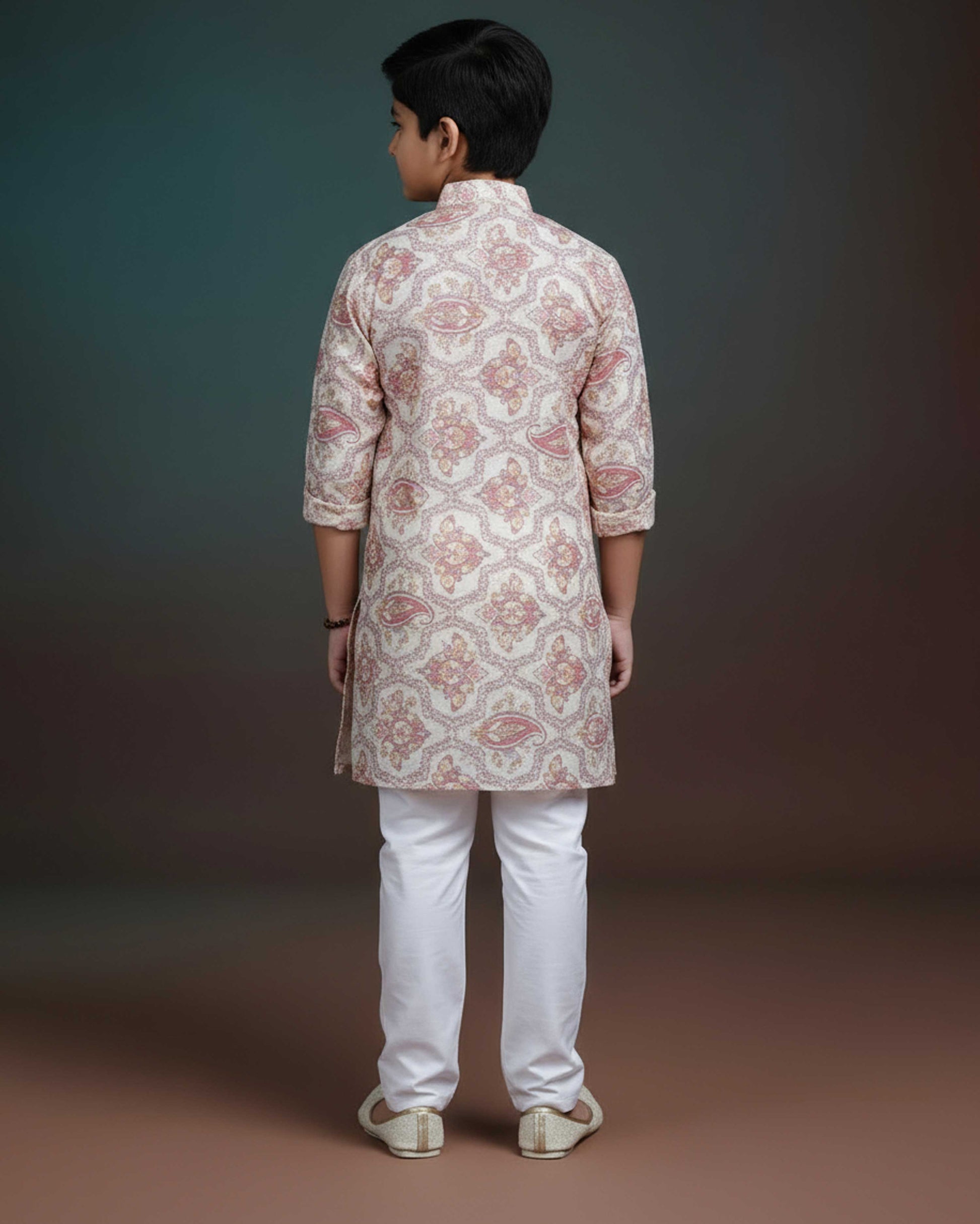 Boys Floral Printed Festive Kurta Set with Mandarin Collar - Brown