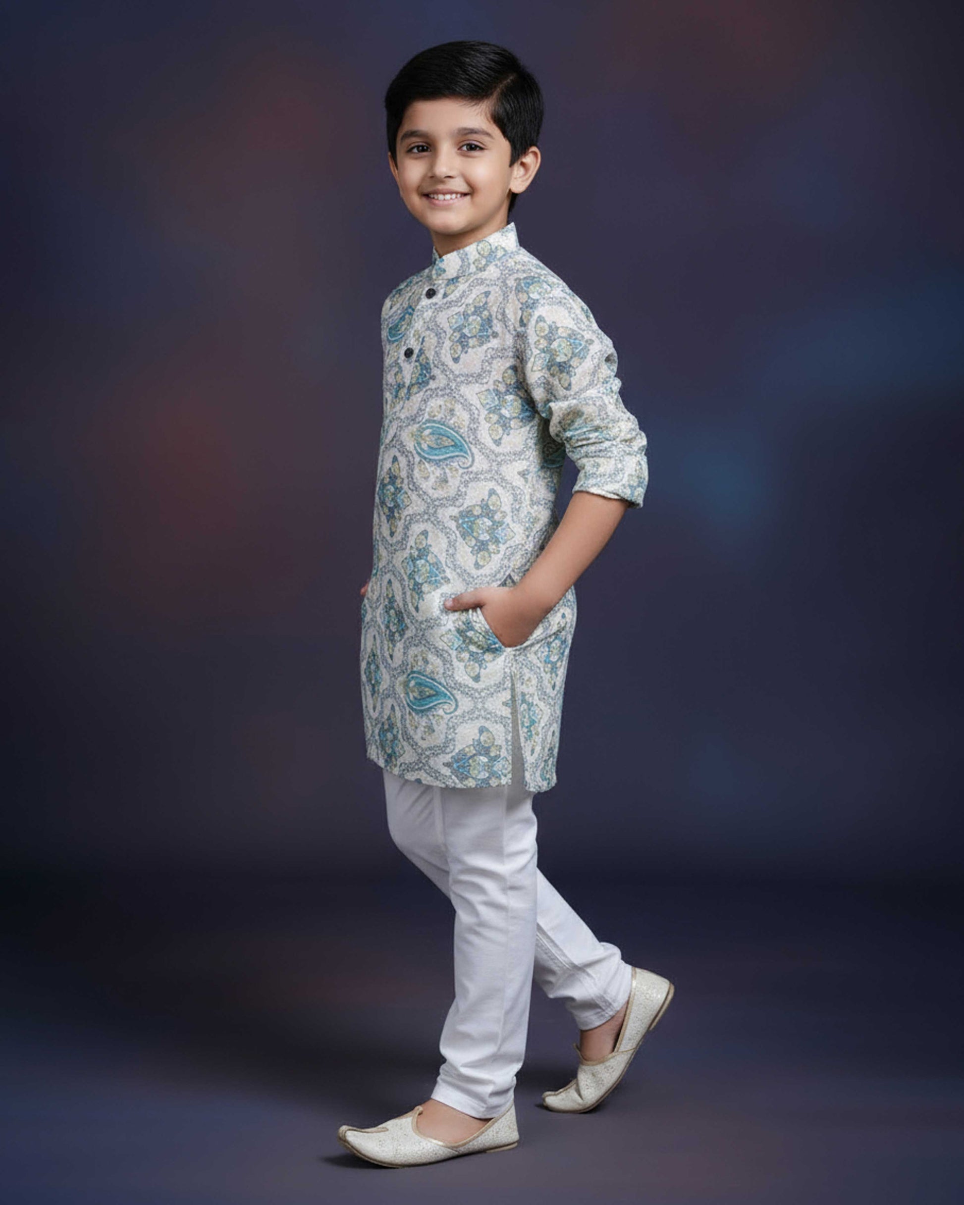 Boys Floral Printed Festive Kurta Set with Mandarin Collar - Cream