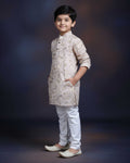 Boys Floral Printed Festive Kurta Set with Mandarin Collar - Sandal