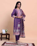 Women's Ethnic Floral Printed Kurta with Pants and Dupatta Set - Purple