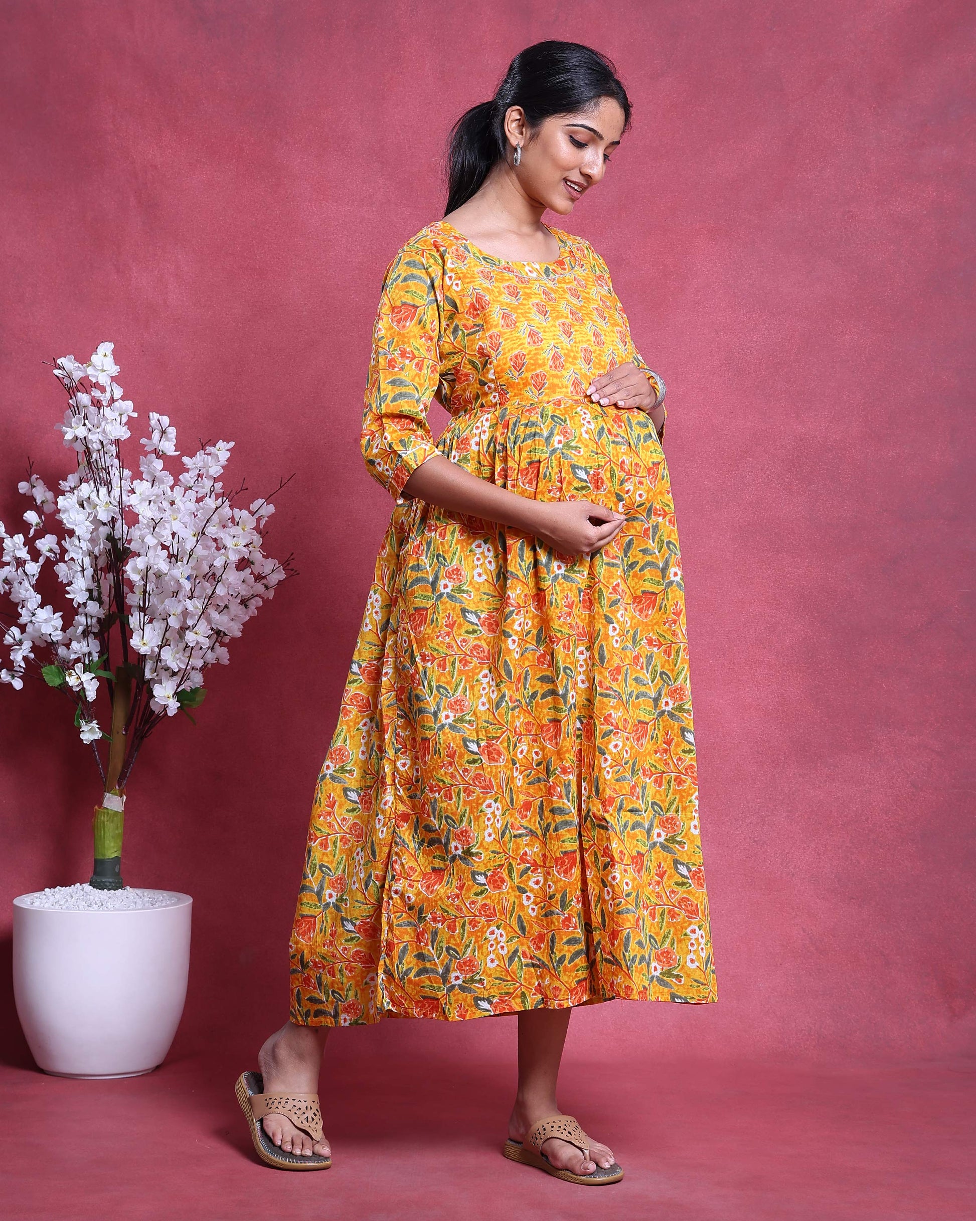 Women’s Floral Printed Maternity Feeding Dress with Round Neck 3/4th  Sleeves and Comfortable Empire Waist - Yellow